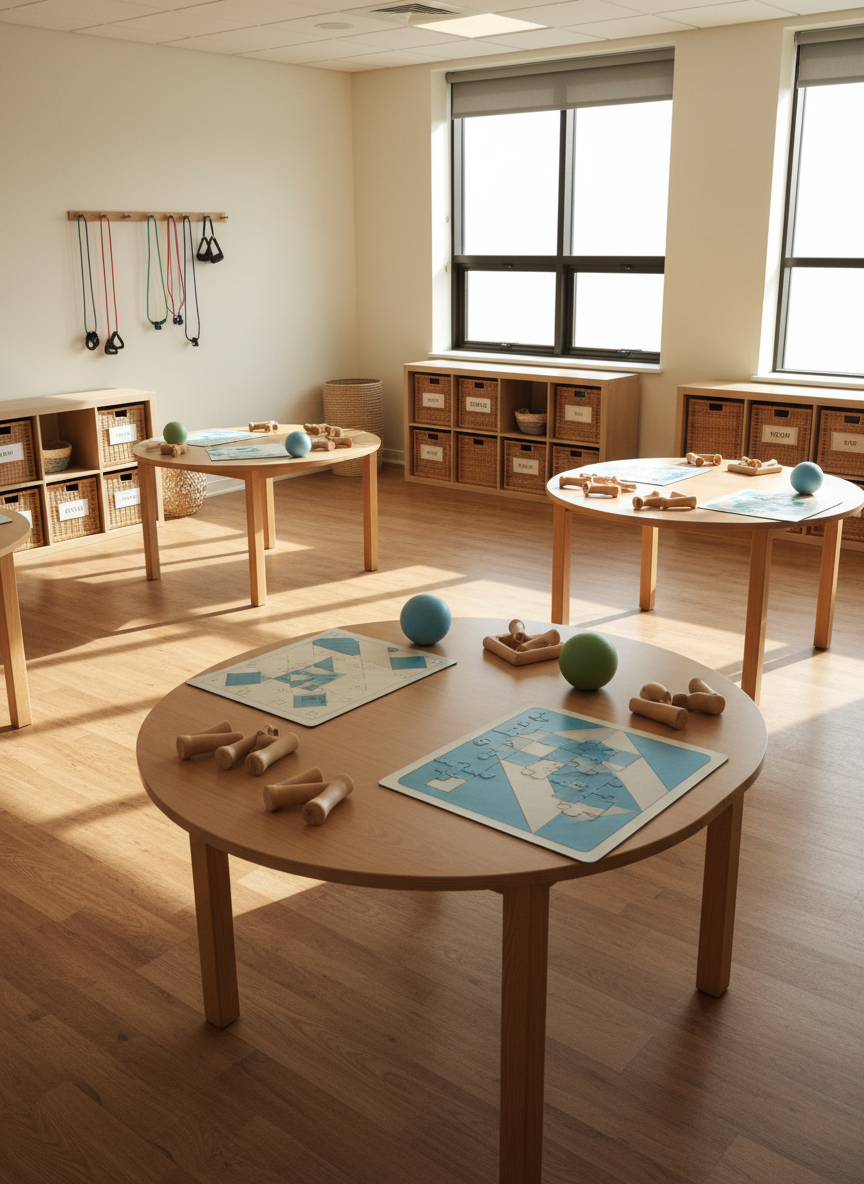 A spacious, sunlit workshop area designed for therapeutic group activities for older adults, captured in photographic realism. Adjustable-height tables with rounded corners are arranged to allow wheelchair access, each topped with large-print puzzle boards, smooth wooden hand-grip tools, and soft therapy balls in muted blues and greens. In the background, low storage units with open cubbies hold woven baskets labeled only by color, and a wall-mounted rail displays neatly hung resistance bands. Late-morning light streams through wide windows, creating long, soft shadows and lively reflections on polished but non-glare flooring. Shot from a wide, slightly elevated angle, the composition emphasizes flow, safety, and shared participation, with a warm, collaborative mood and no people present.