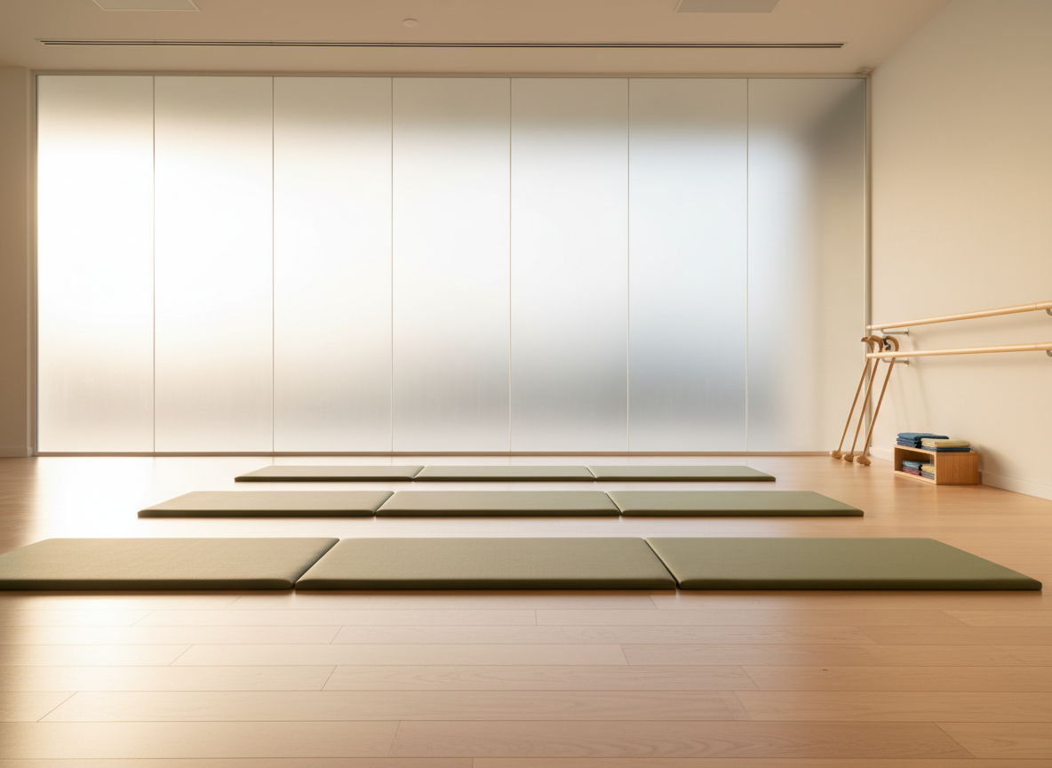 A serene mobility and tai chi practice room, with a wall of floor-to-ceiling frosted glass panels filtering in soft morning light, creating tranquil reflections on pale beechwood flooring. In the center, a series of neatly aligned, low-profile foam mats in sage green and warm gray form gentle geometric patterns. At the side, a wooden barre and a set of light, ergonomically shaped walking sticks rest against the wall alongside a few neatly folded therapy bands. Shot from a slightly low angle with a wide lens, photographic realism, highlighting open space, fluid movement potential, and a peaceful, focused atmosphere suitable for older adults with diverse abilities, without depicting people.