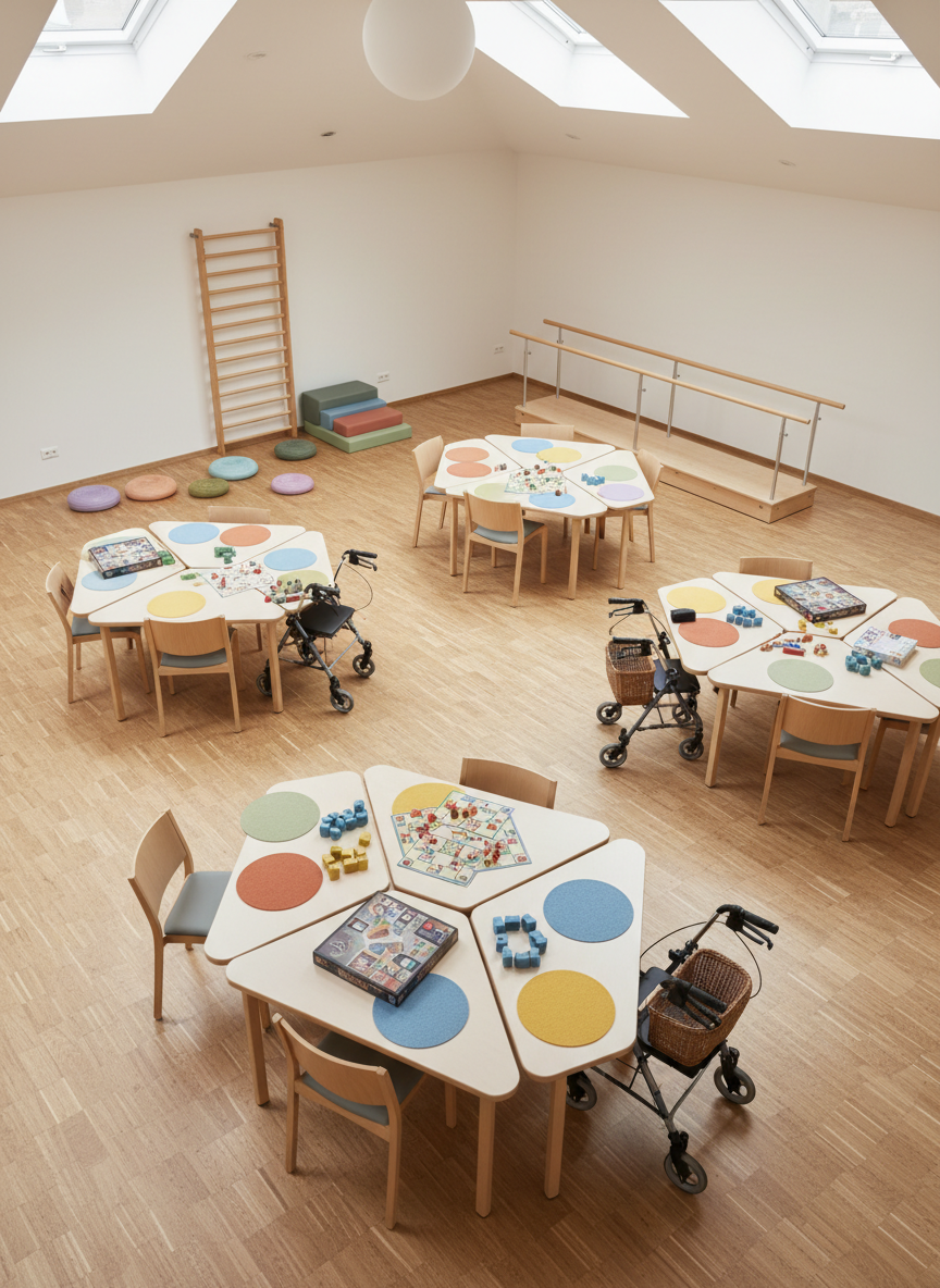A cooperative day center interior captured in photographic realism, showing an open-plan room with modular wooden tables pushed together into small islands, each with colorful felt pads, large-print board games, and simple mobility aids neatly parked beside them. A corner area contains parallel bars, foam steps, and balance cushions, all in soft earth and pastel tones. Natural overhead skylights provide diffused, even light, creating a serene, non-clinical feel. The camera is slightly elevated, capturing the whole layout with clear depth and crisp details, emphasizing accessibility, inclusion, and shared therapeutic activity in a warm, professional environment without any human figures.
