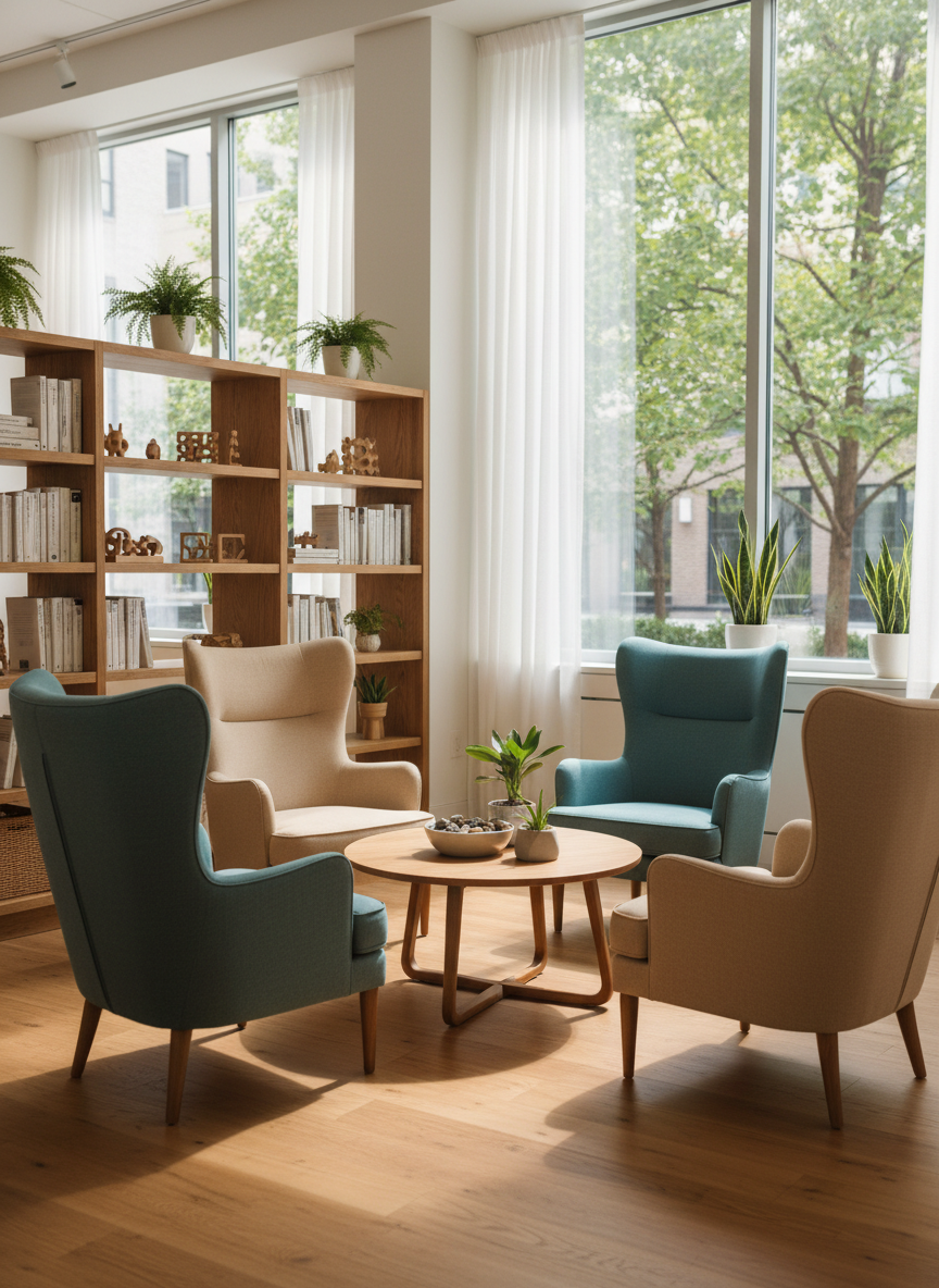 A bright, welcoming therapy space designed for older adults, featuring a circular arrangement of soft, high-back armchairs in muted teal and sand tones, surrounding a low wooden table with smooth rounded edges. Along the walls, sturdy bookshelves hold neatly organized wellness books, tactile wooden objects, and small potted plants. Large windows reveal a leafy urban courtyard outside. Soft afternoon daylight floods the room, diffused by sheer white curtains, casting gentle shadows and warm highlights on the natural wood floor. Photographic realism at eye level, with sharp focus and a calm, professional atmosphere that conveys mutual support and collective care without showing any people or text.