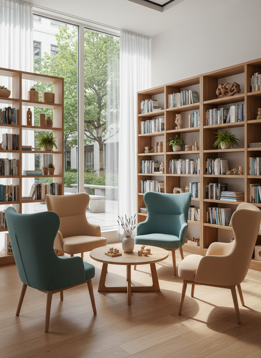 A bright, welcoming therapy space designed for older adults, featuring a circular arrangement of soft, high-back armchairs in muted teal and sand tones, surrounding a low wooden table with smooth rounded edges. Along the walls, sturdy bookshelves hold neatly organized wellness books, tactile wooden objects, and small potted plants. Large windows reveal a leafy urban courtyard outside. Soft afternoon daylight floods the room, diffused by sheer white curtains, casting gentle shadows and warm highlights on the natural wood floor. Photographic realism at eye level, with sharp focus and a calm, professional atmosphere that conveys mutual support and collective care without showing any people or text.