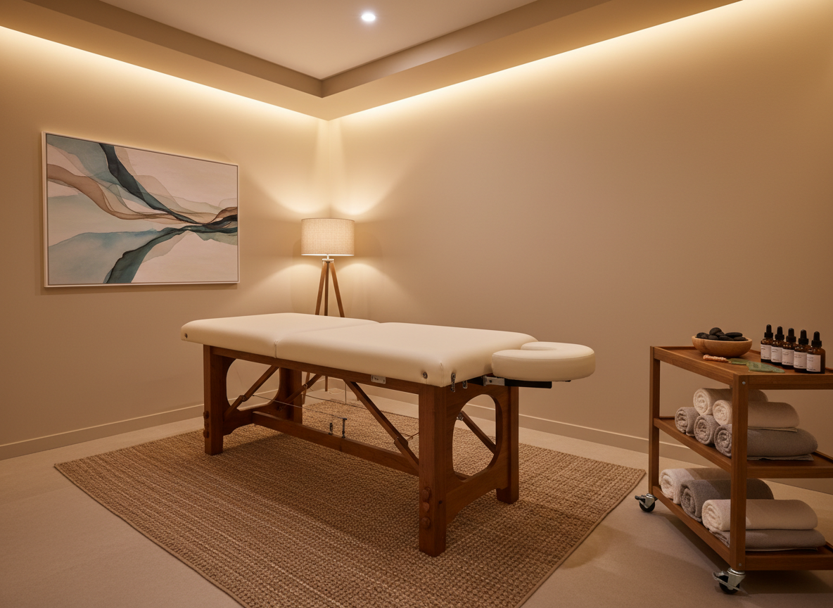 A dedicated osteopathy and massage therapy corner in a cooperative wellness center, shown in detailed photographic realism. A sturdy, extra-wide massage table with thick, cream-colored cushioning and adjustable height sits centrally on a textured, non-slip rug. Nearby, a compact cart holds neatly folded cotton towels in neutral tones, smooth basalt stones, and small unlabeled amber glass bottles. The walls are painted a soft, warm beige with a simple abstract artwork suggesting flowing movement. Indirect ceiling lights and a discreet floor lamp create a warm, diffused glow with gentle shadows, avoiding any clinical feel. Framed with rule-of-thirds composition at eye level, the mood is professional, reassuring, and deeply soothing, with no human presence.