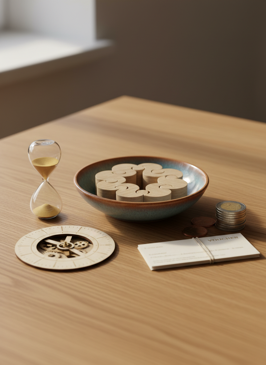 A symbolic representation of time-based mutual aid and flexible payment for care, depicted through objects on a smooth oak tabletop. On one side, a small, elegant glass hourglass with fine golden sand sits beside a simple wooden clock without numbers. On the other, a few euro coins and plain, unbranded paper vouchers rest in an orderly stack. Between them, a shallow ceramic bowl holds interlocking wooden shapes forming a cooperative circle. Soft window light from the left creates delicate highlights on glass and metal and warm shadows across the wood grain. Shot in close-up with shallow depth of field and photographic realism, the atmosphere feels thoughtful, ethical, and community-oriented, conveying shared value of time and money without any text or people.