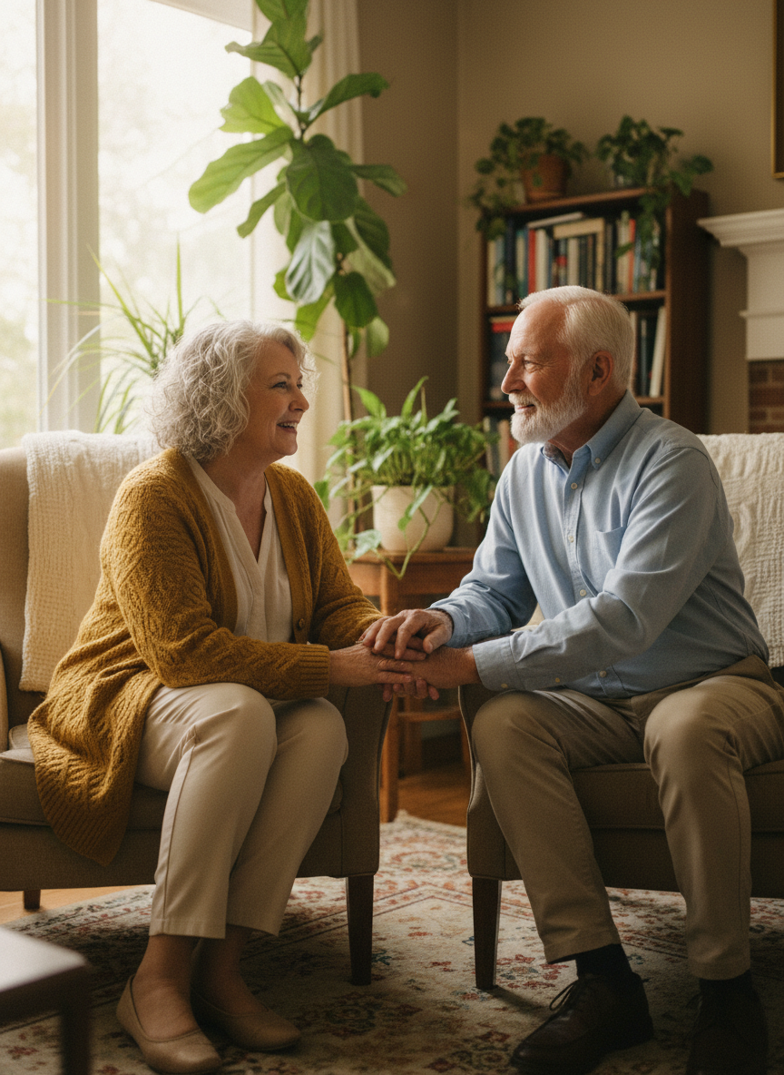 Two older adults in their 60s or 70s, a man and a woman, sharing a warm, genuine conversation. They are smiling and leaning toward each other, conveying authentic connection and trust. Natural light, warm tones, and an intimate indoor setting capture the essence of human connection and dignity.