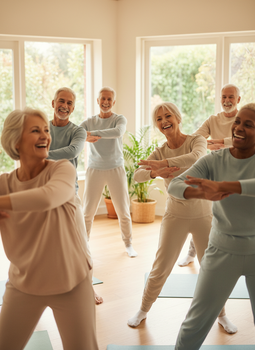 Older adults in their 60s and 70s engaged in gentle movement exercises together in a bright studio space. They are focused, supported, and moving with confidence. Natural light and a spacious, accessible environment emphasize therapeutic wellness and community participation.