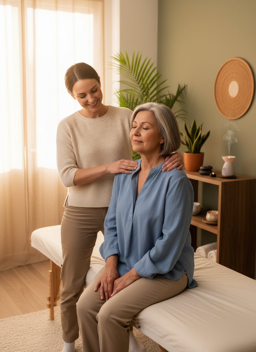 A caring osteopathy treatment session, showing a professional therapist providing therapeutic care to an older adult. The setting is calm and professional with warm tones and good lighting. The treatment reflects the personalized, respectful therapeutic services available at Corazón Abierto.