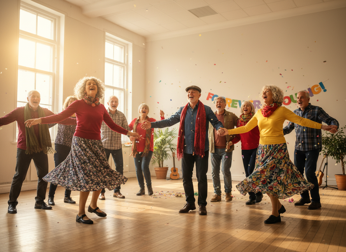 Grupo de mayores riendo y bailando juntos en el taller Meneo de Risa