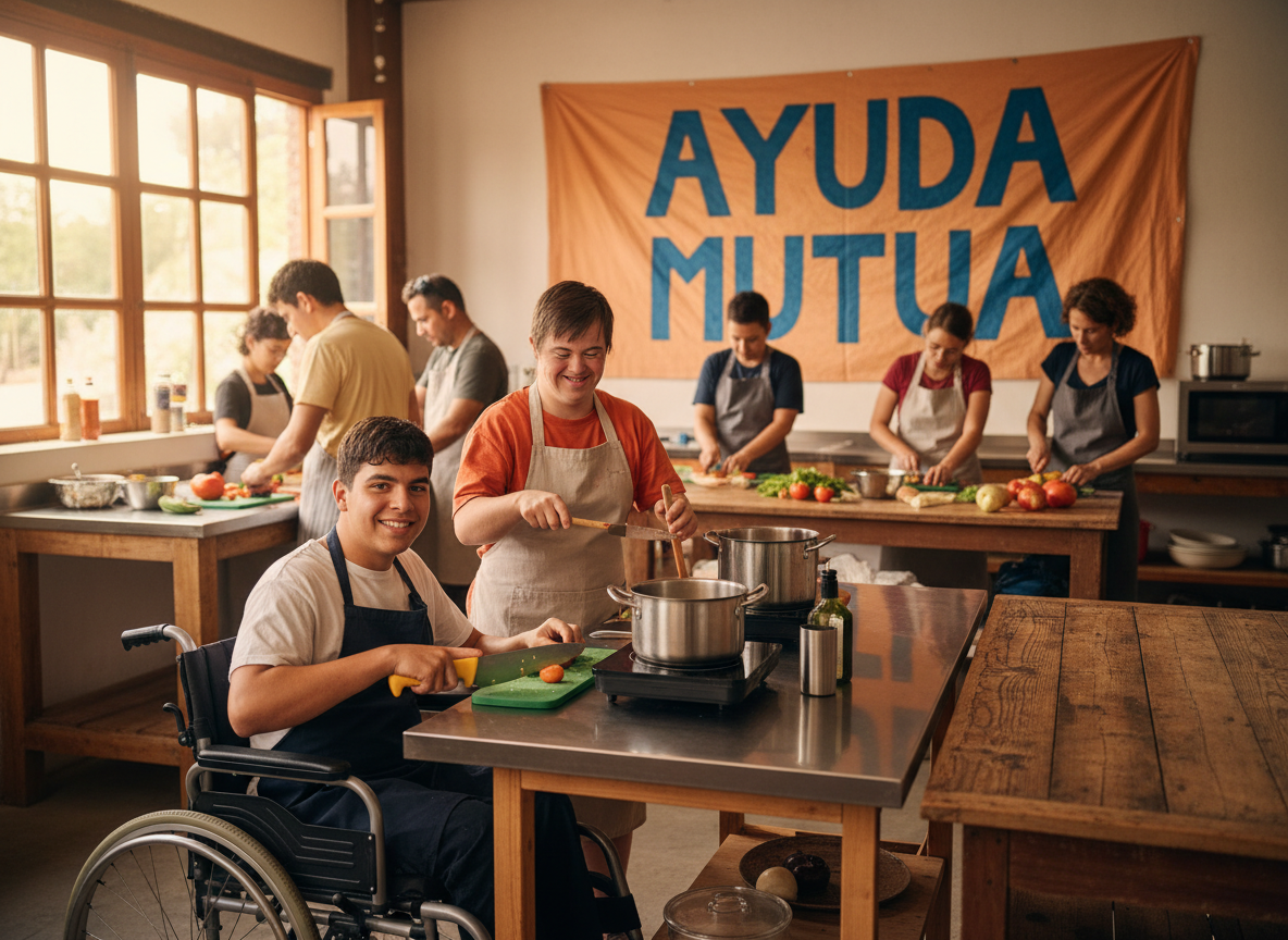 A warm and inclusive kitchen scene showing volunteers helping with meal preparation. In the foreground, a young person in a wheelchair is actively participating in cooking tasks at a kitchen counter adapted to their height. Beside them, a person with Down syndrome is smiling and helping to stir or prepare food. The scene feels natural, dignified, and empowering — not staged. On the wall or on a visible banner/sign in the background, the text "AYUDA MUTUA" is written clearly in Spanish. Warm lighting, community kitchen setting, realistic photography style.