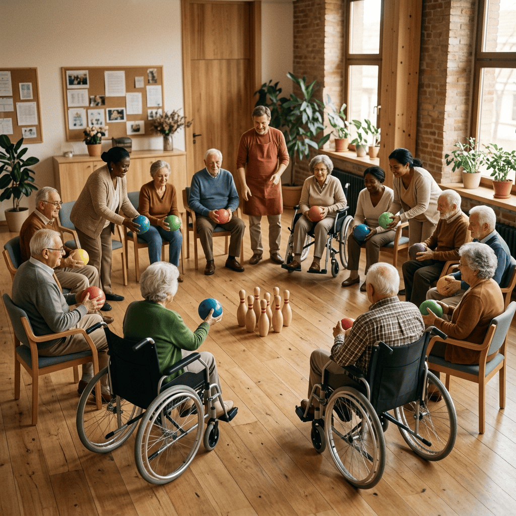 Older adults doing seated exercises with a caregiver in a community room