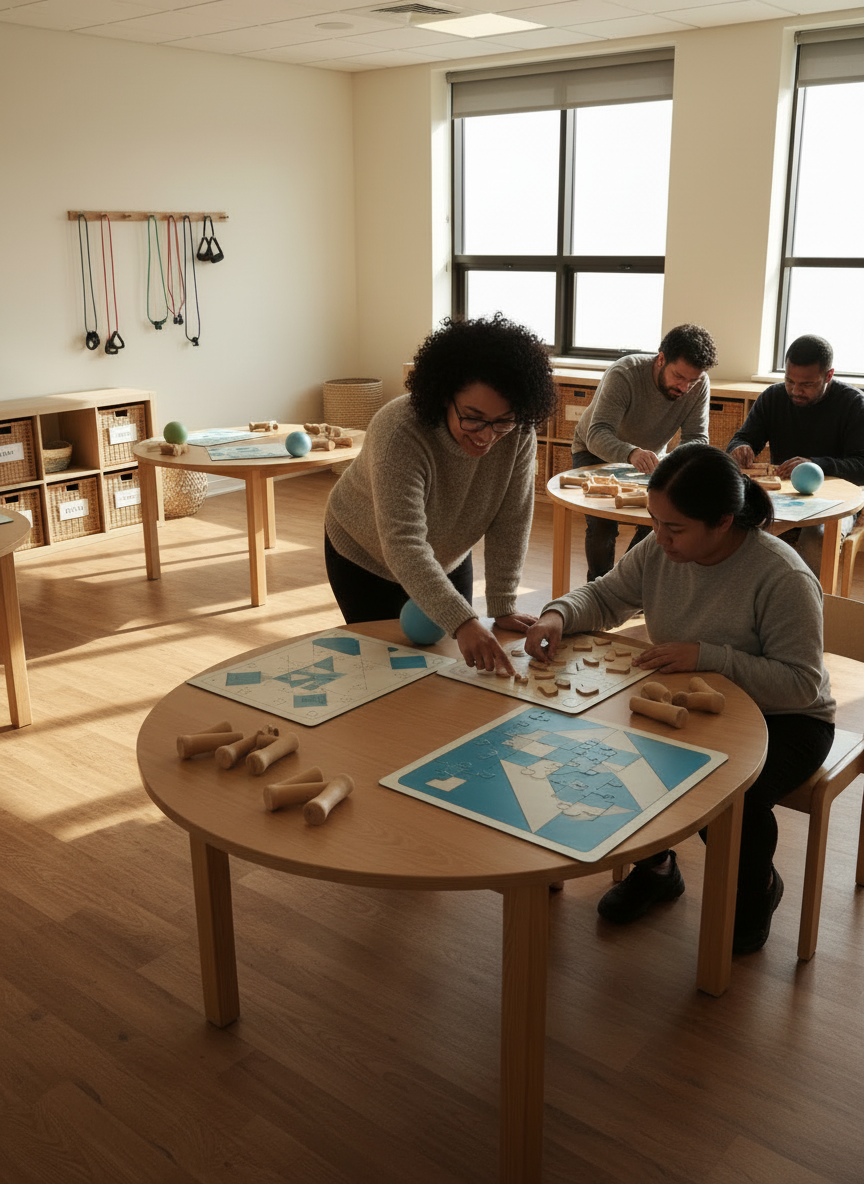 Editar esta imagen del salón amplio y luminoso para que aparezca una persona facilitadora ayudando a otras personas que realizan una actividad práctica en las mesas. Escena natural, cálida, inclusiva y realista; las personas deben verse adultas, diversas y ocupadas en tareas cotidianas, sin texto ni aspecto posado.