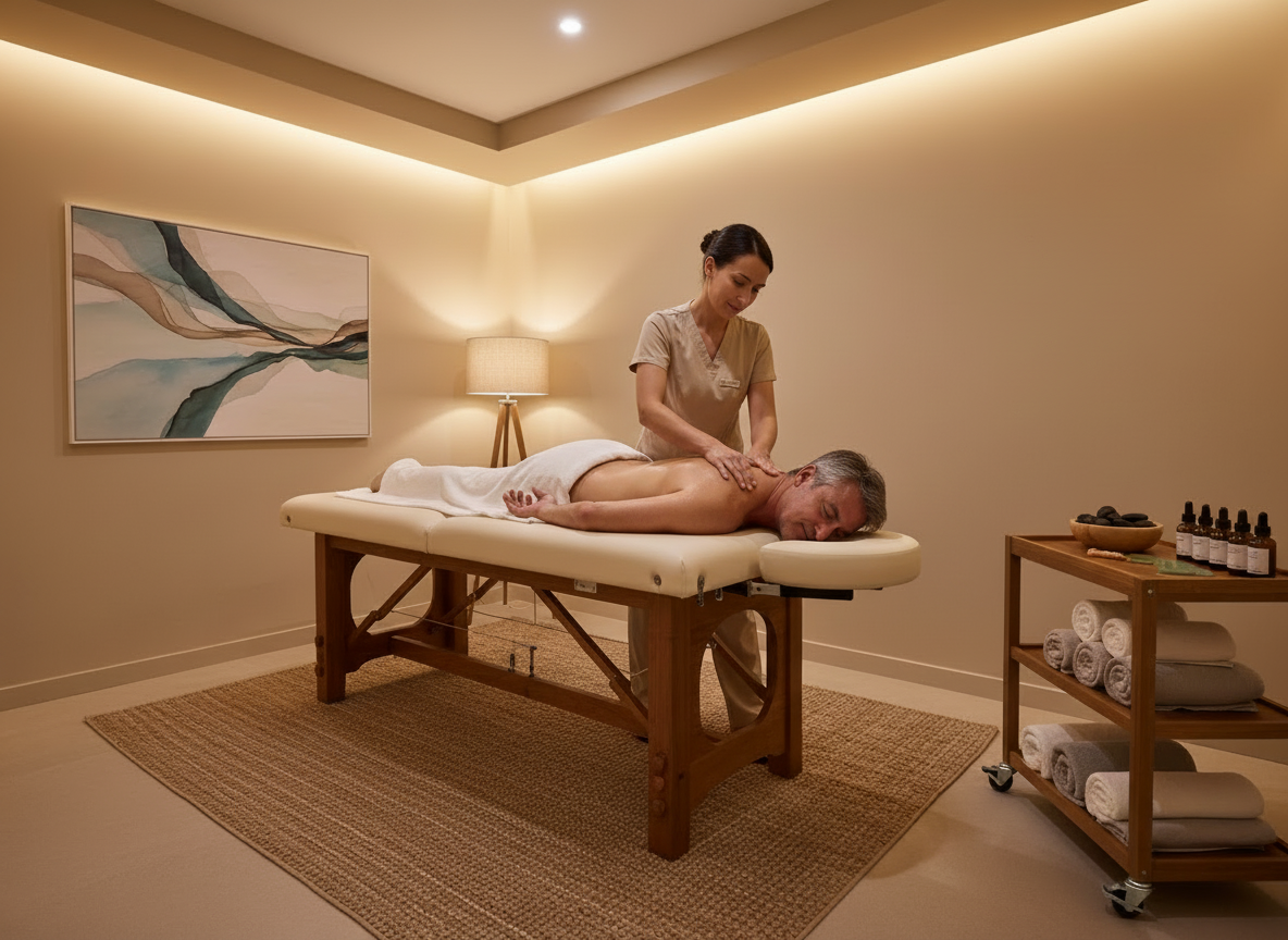 Editar esta imagen de la sala de masajes y osteopatía para que aparezca una profesional ayudando a una persona durante una sesión terapéutica. Mantener la sala, el mobiliario y la iluminación originales; interacción natural, cálida, realista e inclusiva, sin texto ni aspecto posado.