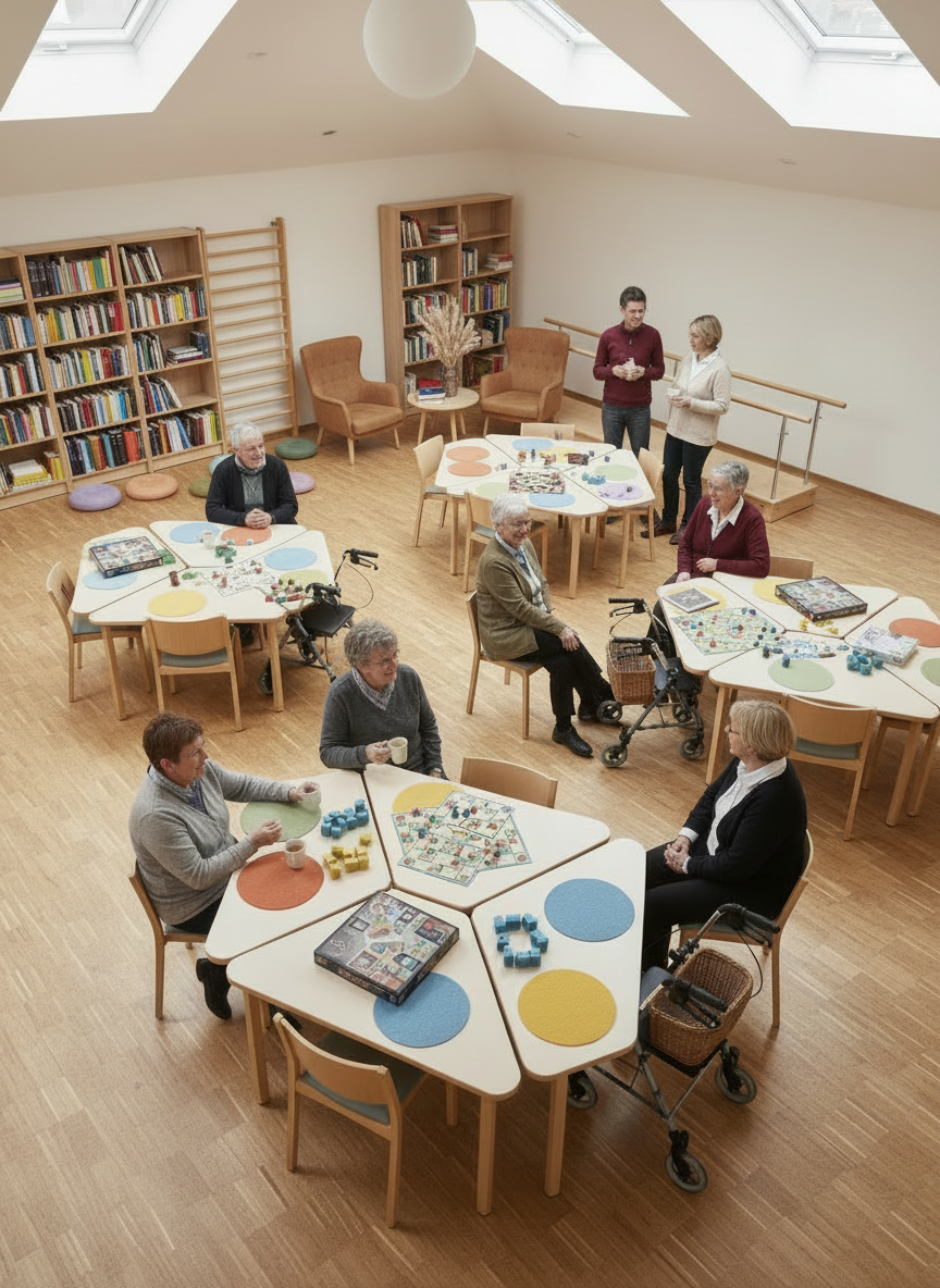Editar esta imagen manteniendo la misma sala con sillones y biblioteca y a las personas adultas sentadas dialogando. Eliminar por completo cualquier elemento de gimnasio, aparato deportivo, barra, colchoneta o equipo de ejercicio que aparezca en la escena. Sustituir ese espacio por mobiliario de sala, libros o decoración coherente. Mantener una escena natural, cálida, inclusiva y realista, sin texto ni aspecto posado.