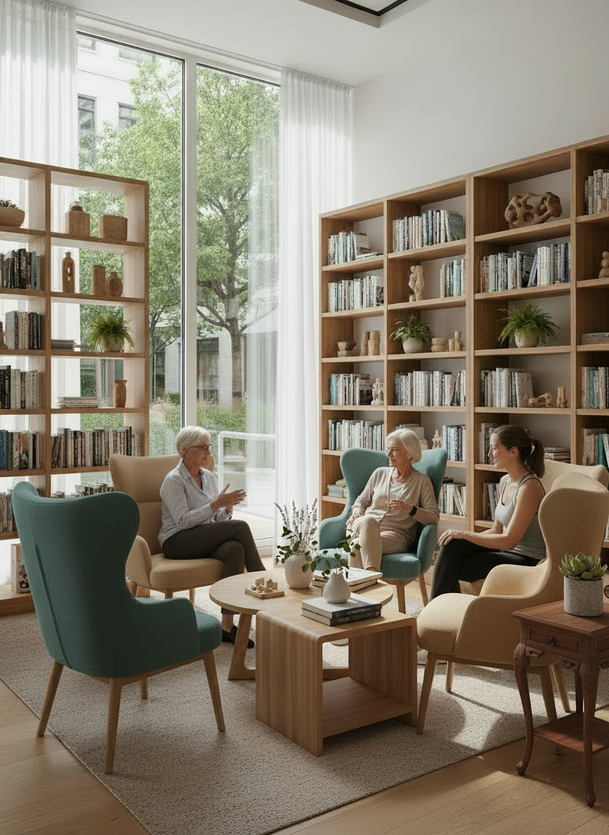 Editar esta imagen concreta de la sala con personas sentadas hablando. Eliminar específicamente la cinta de caminar de gimnasio que aparece entre las personas. Mantener intactos los sillones, la biblioteca, las personas sentadas y la conversación; rellenar ese espacio con suelo y mobiliario coherente de la sala. No añadir ningún aparato deportivo, barra, colchoneta ni equipo de ejercicio. Escena natural, cálida y realista.