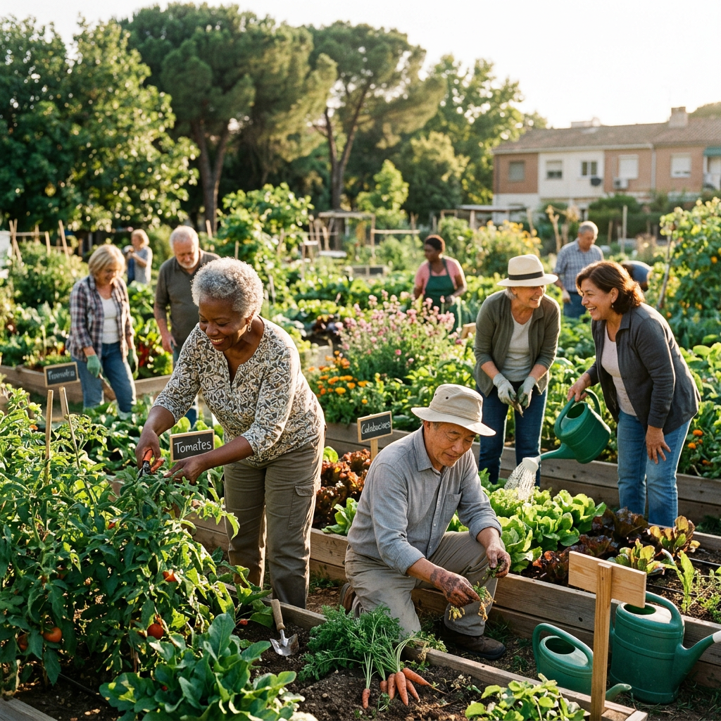 Neighbors gardening together among labeled vegetable beds in a community garden