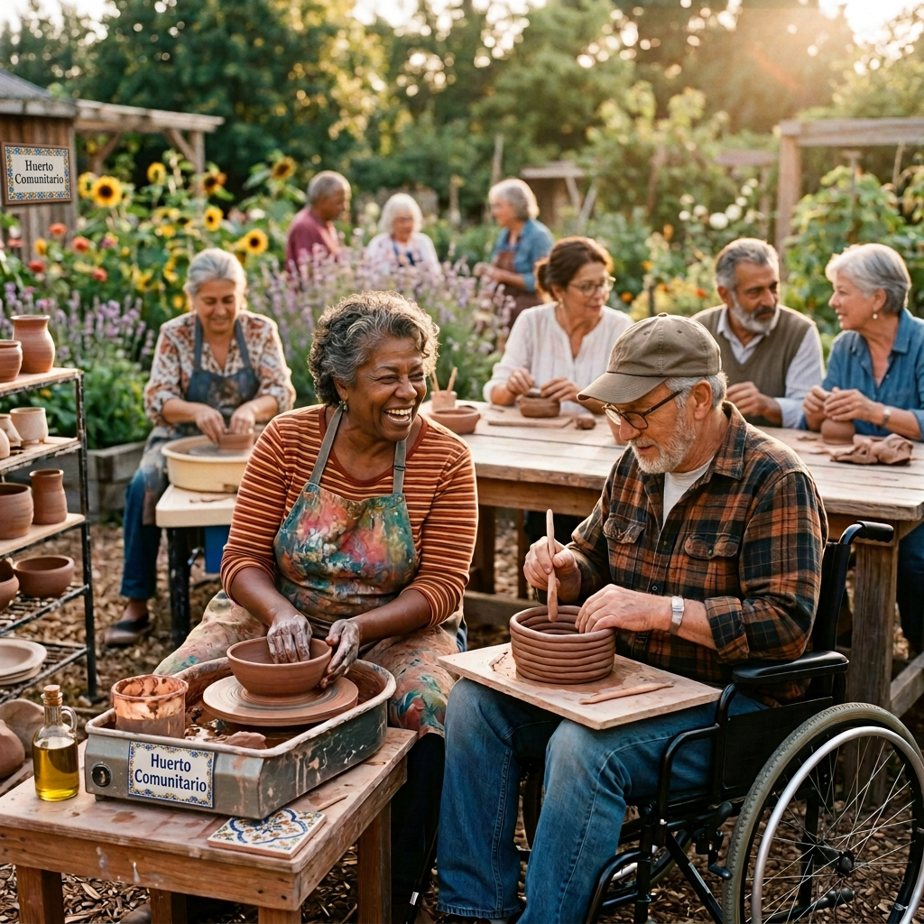 Adults shaping clay pots together during an outdoor pottery workshop