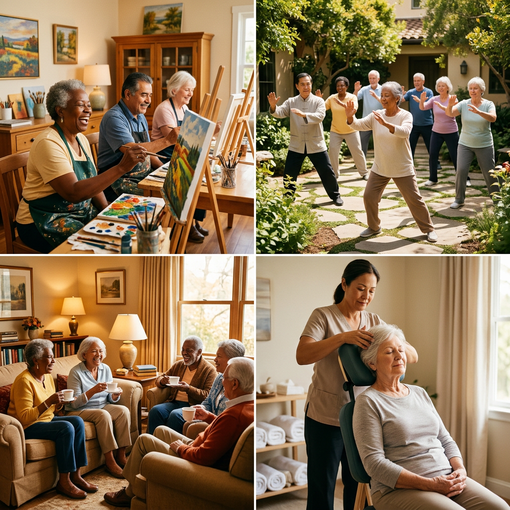 Collage de pintura, Tai Chi, conversación y masajes