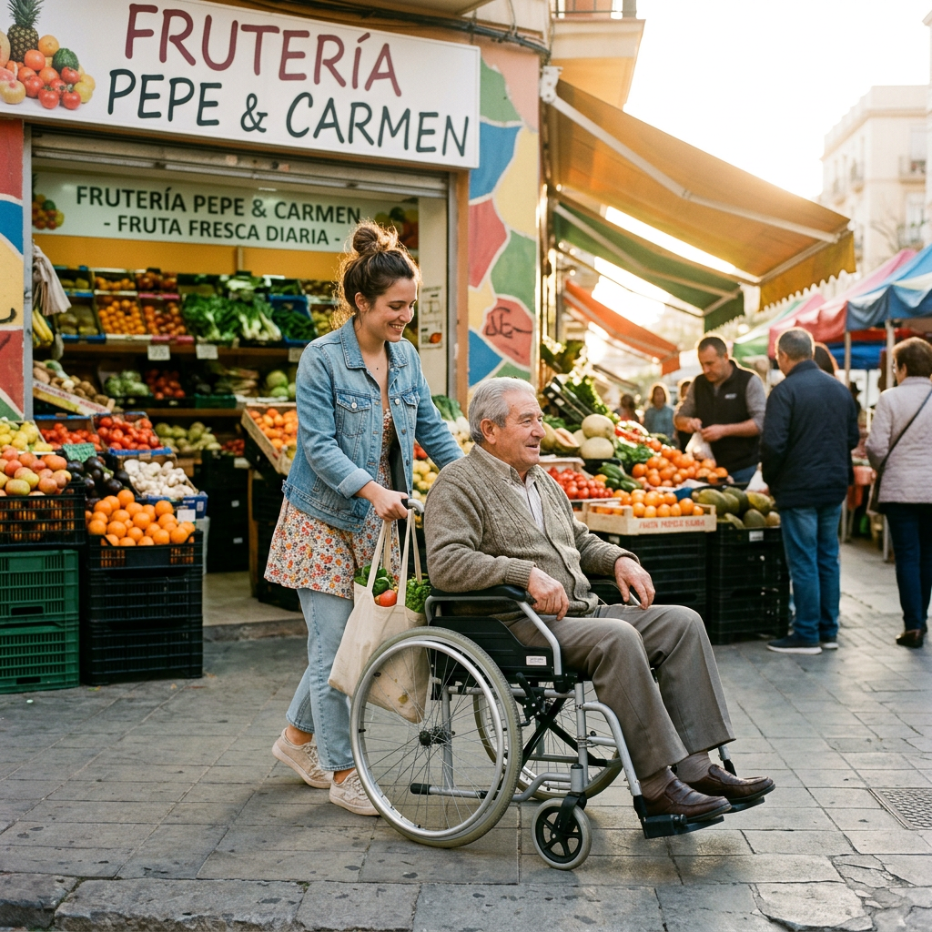 Woman pushing older man in wheelchair past a fruit market