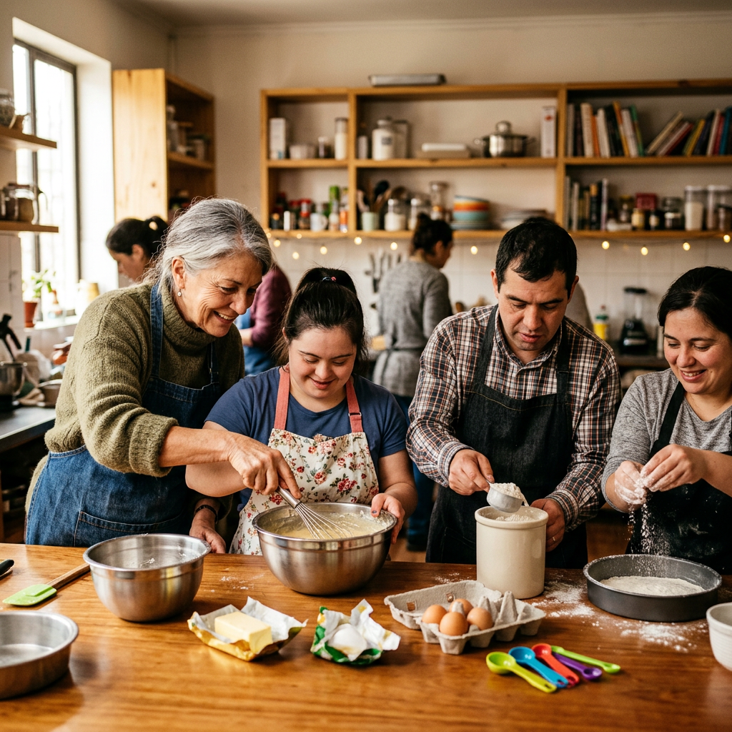 People baking together around a kitchen island with mixing bowls and ingredients
